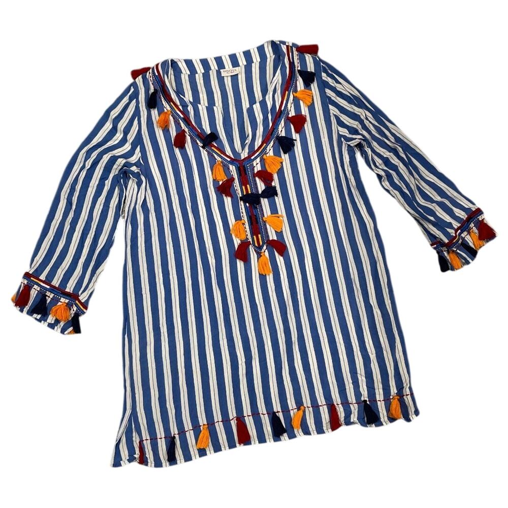Bindya New York Blue Striped Dress With Tassels OS Anthropologie Beach Vacay